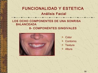 58
FUNCIONALIDAD Y ESTETICA
Análisis Facial
LOS OCHO COMPONENTES DE UNA SONRISA
BALANCEADA
8- COMPONENTES GINGIVALES
Color
Contorno
Textura
Altura
 