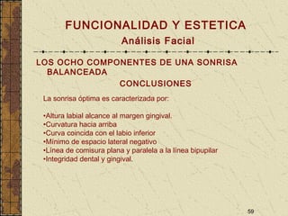 59
FUNCIONALIDAD Y ESTETICA
Análisis Facial
LOS OCHO COMPONENTES DE UNA SONRISA
BALANCEADA
CONCLUSIONES
La sonrisa óptima es caracterizada por:
•Altura labial alcance al margen gingival.
•Curvatura hacia arriba
•Curva coincida con el labio inferior
•Mínimo de espacio lateral negativo
•Línea de comisura plana y paralela a la línea bipupilar
•Integridad dental y gingival.
 