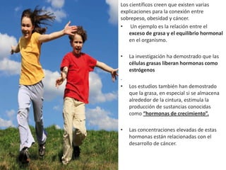 Los científicos creen que existen varias
                          explicaciones para la conexión entre
                          sobrepeso, obesidad y cáncer.
                          • Un ejemplo es la relación entre el
                              exceso de grasa y el equilibrio hormonal
                              en el organismo.

                          •    La investigación ha demostrado que las
                               células grasas liberan hormonas como
                               estrógenos
                          .
                          •    Los estudios también han demostrado
                               que la grasa, en especial si se almacena
                               alrededor de la cintura, estimula la
                               producción de sustancias conocidas
                               como “hormonas de crecimiento”.

                          •    Las concentraciones elevadas de estas
                               hormonas están relacionadas con el
                               desarrollo de cáncer.


Marilyn Espantoso de Fitts - Nutricionista
 