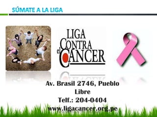 Av. Brasil 2746, Pueblo
           Libre
    Telf.: 204-0404
www.ligacancer.org.pe
   Marilyn Espantoso de Fitts - Nutricionista
 
