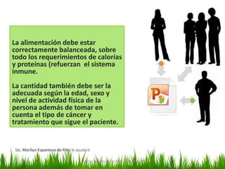 La alimentación debe estar
correctamente balanceada, sobre
todo los requerimientos de calorías
y proteínas (refuerzan el sistema
inmune.
La cantidad también debe ser la
adecuada según la edad, sexo y
nivel de actividad física de la
persona además deen un solo documento.
 Ediciones simultáneas tomar en
cuenta el tipo esperar su turno ni
 Ya no tiene que
                 de cáncer y
tratamiento queversiones. paciente.
 administrar varias
                    sigue el

 Lo importante es el trabajo en grupo y la
 Lic. Marilyn Espantoso de Fitts le ayudará a conseguirlo.

                                  Marilyn Espantoso de Fitts - Nutricionista
 