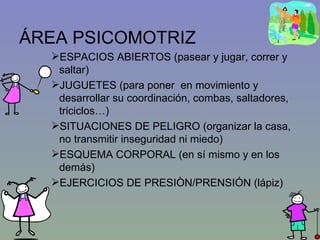 ÁREA PSICOMOTRIZ ESPACIOS ABIERTOS (pasear y jugar, correr y saltar) JUGUETES (para poner  en movimiento y desarrollar su coordinación, combas, saltadores, triciclos…) SITUACIONES DE PELIGRO (organizar la casa, no transmitir inseguridad ni miedo) ESQUEMA CORPORAL (en sí mismo y en los demás) EJERCICIOS DE PRESIÒN/PRENSIÓN (lápiz) 