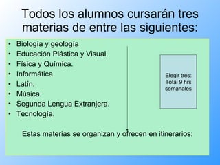 Todos los alumnos cursarán tres materias de entre las siguientes: Biología y geología Educación Plástica y Visual. Física y Química. Informática. Latín. Música. Segunda Lengua Extranjera. Tecnología. Estas materias se organizan y ofrecen en itinerarios: Elegir tres: Total 9 hrs semanales 