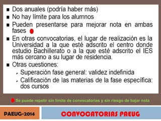 • Se puede repetir sin límite de convocatorias y sin riesgo de bajar nota

PAEUG-2014

CONVOCATORIAS PAEUG

 