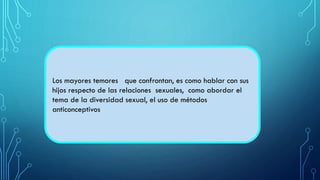 Los mayores temores que confrontan, es como hablar con sus
hijos respecto de las relaciones sexuales, como abordar el
tema de la diversidad sexual, el uso de métodos
anticonceptivos
 