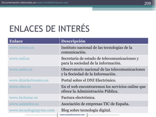 ENLACES DE INTERÉS Enlace Descripción www.inteco.es Instituto nacional de las tecnologías de la comunicación. www.red.es Secretaría de estado de telecomunicaciones y para la sociedad de la información. www.ontsi.es Observatorio nacional de las telecomunicaciones y la Sociedad de la Información. www.dnielectronico.es Portal sobre el DNI Electrónico. www.060.es En el web encontraremos los servicios online que ofrece la Administración Pública. www.facturae.es Factura electrónica. www.asimelec.es Asociación de empresas TIC de España. www.tecnologiapyme.com Blog sobre tecnología digital. 