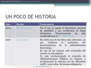 UN POCO DE HISTORIA Año Hecho Comentario 2005 RD 1553/2005 Por el que se regula el documento nacional de identidad y sus certificados de firma electrónica. Posteriormente ha sido modificado por el  RD 1586/2009 . 2007 Ley 11/2007 Sin duda uno de los hitos más relevantes, ya que establece la normativa del funcionamiento de la Administración Electrónica. Es una de las normas más avanzadas del mundo en este aspecto. Ya está revolucionando el concepto de Administraciones Públicas en España, y revolucionará la relación con las diferentes AAPP y entre ellas. De lectura obligatoria. 