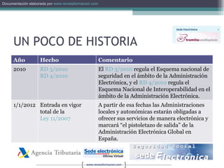 UN POCO DE HISTORIA Año Hecho Comentario 2010 RD 3/2010 RD 4/2010 El  RD 3/2010  regula el Esquema nacional de seguridad en el ámbito de la Administración Electrónica, y el  RD 4/2010  regula el Esquema Nacional de Interoperabilidad en el ámbito de la Administración Electrónica. 1/1/2012 Entrada en vigor total de la  Ley 11/2007 A partir de esa fechas las Administraciones locales y autonómicas estarán obligadas a ofrecer sus servicios de manera electrónica y marcará “el pistoletazo de salida” de la Administración Electrónica Global en España. 