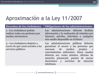 Aproximación a la Ley 11/2007 Derechos de los ciudadanos Obligaciones de las administraciones 1.- Los ciudadanos podrán realizar todas sus gestiones por medios electrónicos  Las administraciones deberán facilitar información y la realización de trámites por Internet, móviles, televisión o cualquier otro medio disponible en el futuro 2.- Los ciudadanos elegirán a través de qué canal acceden a los servicios públicos Las administraciones públicas deberán garantizar el acceso a las personas que carezcan de medios propios o conocimientos suficientes. Estos canales deberán ser, como mínimo, oficinas de atención presencial, puntos de acceso electrónico y servicios de atención telefónica 
