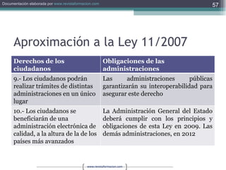 Aproximación a la Ley 11/2007 Derechos de los ciudadanos Obligaciones de las administraciones 9.- Los ciudadanos podrán realizar trámites de distintas administraciones en un único lugar  Las administraciones públicas garantizarán su interoperabilidad para asegurar este derecho 10.- Los ciudadanos se beneficiarán de una administración electrónica de calidad, a la altura de la de los países más avanzados La Administración General del Estado deberá cumplir con los principios y obligaciones de esta Ley en 2009. Las demás administraciones, en 2012 