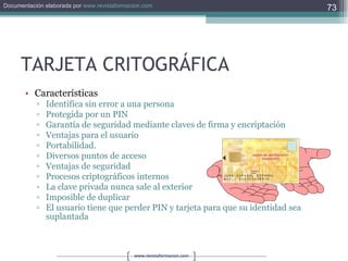 TARJETA CRITOGRÁFICA Características Identifica sin error a una persona Protegida por un PIN Garantía de seguridad mediante claves de firma y encriptación Ventajas para el usuario Portabilidad. Diversos puntos de acceso Ventajas de seguridad Procesos criptográficos internos La clave privada nunca sale al exterior Imposible de duplicar El usuario tiene que perder PIN y tarjeta para que su identidad sea suplantada 