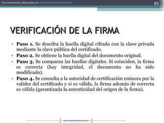 VERIFICACIÓN DE LA FIRMA Paso 1.  Se descifra la huella digital cifrada con la clave privada mediante la clave pública del certificado. Paso 2.  Se obtiene la huella digital del documento original. Paso 3.  Se comparan las huellas digitales. Si coinciden, la firma es correcta (hay integridad, el documento no ha sido modificado). Paso 4.  Se consulta a la autoridad de certificación emisora por la validez del certificado y si es válida, la firma además de correcta es válida (garantizada la autenticidad del origen de la firma). 