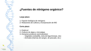 ¿Fuentes de nitrógeno orgánico?
Largo plazo:
1- Fijación biológica de nitrógeno
2- Rotaciones de cultivos y incorporación ...