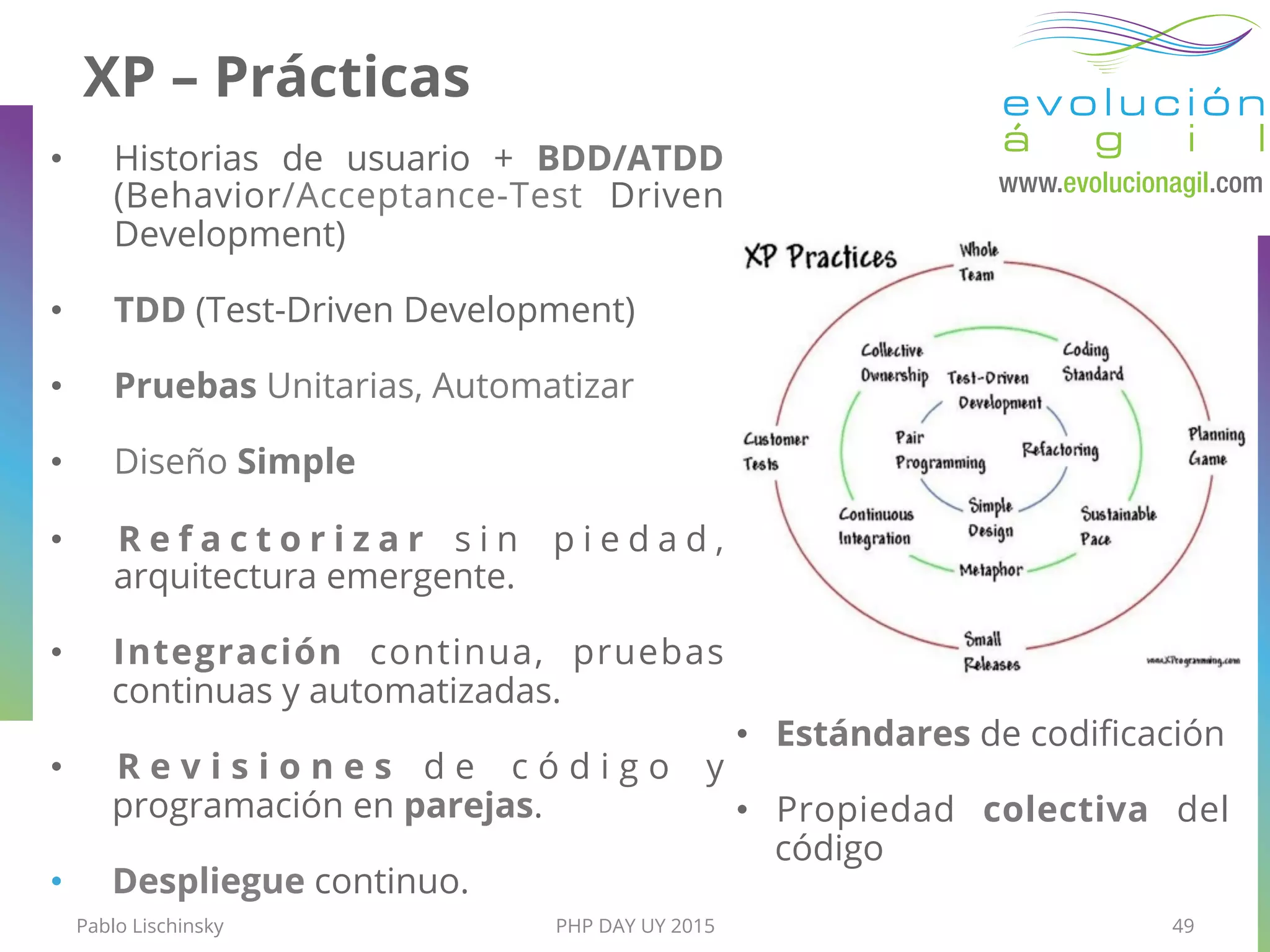 XP – Prácticas
•  Historias de usuario + BDD/ATDD
(Behavior/Acceptance-Test Driven
Development)
•  TDD (Test-Driven Development)
•  Pruebas Unitarias, Automatizar
•  Diseño Simple
•  R e f a c t o r i z a r s i n p i e d a d ,
arquitectura emergente.
•  Integración continua, pruebas
continuas y automatizadas.
•  R e v i s i o n e s d e c ó d i g o y
programación en parejas.
•  Despliegue continuo.
•  Estándares de codiﬁcación
•  Propiedad colectiva del
código
Pablo Lischinsky PHP DAY UY 2015 49
 