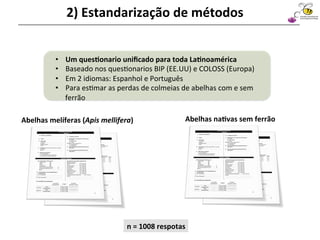 Abelhas	melíferas	(Apis	mellifera)	 Abelhas	na4vas	sem	ferrão	
Sociedad Latinoamericana
de Investigación en Abejas
2)	Estandarização	de	métodos	
•  Um	ques4onario	uniﬁcado	para	toda	La4noamérica	
•  Baseado	nos	ques@onarios	BIP	(EE.UU)	e	COLOSS	(Europa)	
•  Em	2	idiomas:	Espanhol	e	Português	
•  Para	es@mar	as	perdas	de	colmeias	de	abelhas	com	e	sem	
ferrão	
n	=	1008	respotas	
 