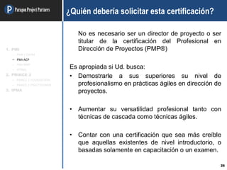 ParagonProjectPartners
26
¿Quién debería solicitar esta certificación?
No es necesario ser un director de proyecto o ser
titular de la certificación del Profesional en
Dirección de Proyectos (PMP®)
Es apropiada si Ud. busca:
• Demostrarle a sus superiores su nivel de
profesionalismo en prácticas ágiles en dirección de
proyectos.
• Aumentar su versatilidad profesional tanto con
técnicas de cascada como técnicas ágiles.
• Contar con una certificación que sea más creíble
que aquellas existentes de nivel introductorio, o
basadas solamente en capacitación o un examen.
1. PMI
– PMP / CAPM
– PMI-ACP
– PMI-RMP
– OTRAS
2. PRINCE 2
– PRINCE 2 FOUNDATION
– PRINCE 2 PRACTITIONER
3. IPMA
 