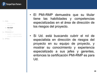 ParagonProjectPartners
28
• El PMI-RMP demuestra que su titular
tiene las habilidades y competencias
especializadas en el área de dirección de
los riesgos del proyecto.
• Si Ud. está buscando cubrir el rol de
especialista en dirección de riesgos del
proyecto en su equipo de proyecto, y
mostrar su conocimiento y experiencia
especializado a sus jefes y gerentes,
entonces la certificación PMI-RMP es para
Ud.
1. PMI
– PMP / CAPM
– PMI-ACP
– PMI-RMP
– OTRAS
2. PRINCE 2
– PRINCE 2 FOUNDATION
– PRINCE 2 PRACTITIONER
3. IPMA
 