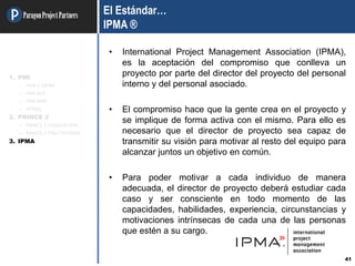 ParagonProjectPartners
41
El Estándar…
IPMA ®
• International Project Management Association (IPMA),
es la aceptación del compromiso que conlleva un
proyecto por parte del director del proyecto del personal
interno y del personal asociado.
• El compromiso hace que la gente crea en el proyecto y
se implique de forma activa con el mismo. Para ello es
necesario que el director de proyecto sea capaz de
transmitir su visión para motivar al resto del equipo para
alcanzar juntos un objetivo en común.
• Para poder motivar a cada individuo de manera
adecuada, el director de proyecto deberá estudiar cada
caso y ser consciente en todo momento de las
capacidades, habilidades, experiencia, circunstancias y
motivaciones intrínsecas de cada una de las personas
que estén a su cargo.
1. PMI
– PMP / CAPM
– PMI-ACP
– PMI-RMP
– OTRAS
2. PRINCE 2
– PRINCE 2 FOUNDATION
– PRINCE 2 PRACTITIONER
3. IPMA
 