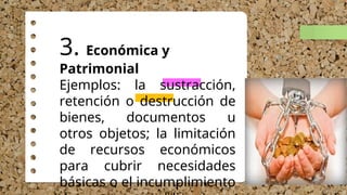 3. Económica y
Patrimonial
Ejemplos: la sustracción,
retención o destrucción de
bienes, documentos u
otros objetos; la limitación
de recursos económicos
para cubrir necesidades
básicas o el incumplimiento
 