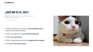 ¿QUÉ NO ES EL SEO?
DESMINTIENDO LOS MITOS Y LEYENDAS QUE GIRAN EN
TORNO A ESTA DISCIPLINA.
El SEO no es meter en una web una lista de palabras clave y
esperar a que Google te indexe.
El SEO no es algo que se haga al final del desarrollo.
El SEO no es solo técnico.
El SEO no depende de las empresas, depende de los usuarios.
El SEO no es una ciencia exacta.
 