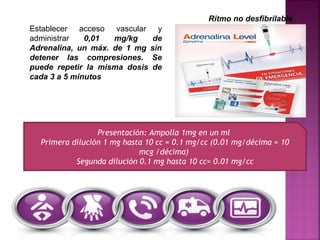 Ritmo no desfibrilable
Establecer acceso vascular y
administrar 0,01 mg/kg de
Adrenalina, un máx. de 1 mg sin
detener las compresiones. Se
puede repetir la misma dosis de
cada 3 a 5 minutos
Presentación: Ampolla 1mg en un ml
Primera dilución 1 mg hasta 10 cc = 0.1 mg/cc (0.01 mg/décima = 10
mcg /décima)
Segunda dilución 0.1 mg hasta 10 cc= 0.01 mg/cc
 