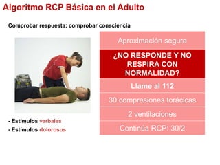 Comprobar respuesta: comprobar consciencia
- Estímulos verbales
- Estímulos dolorosos
Aproximación segura
¿NO RESPONDE Y NO
RESPIRA CON
NORMALIDAD?
Llame al 112
30 compresiones torácicas
2 ventilaciones
Continúa RCP: 30/2
Algoritmo RCP Básica en el Adulto
 