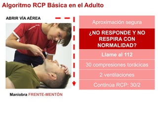 ABRIR VÍA AÉREA
Maniobra FRENTE-MENTÓN
Aproximación segura
¿NO RESPONDE Y NO
RESPIRA CON
NORMALIDAD?
Llame al 112
30 compresiones torácicas
2 ventilaciones
Continúa RCP: 30/2
Algoritmo RCP Básica en el Adulto
 