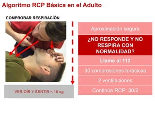 COMPROBAR RESPIRACÍÓN
VER,OÍR Y SENTIR < 10 sg
Aproximación segura
¿NO RESPONDE Y NO
RESPIRA CON
NORMALIDAD?
Llame al 112
30 compresiones torácicas
2 ventilaciones
Continúa RCP: 30/2
Algoritmo RCP Básica en el Adulto
 