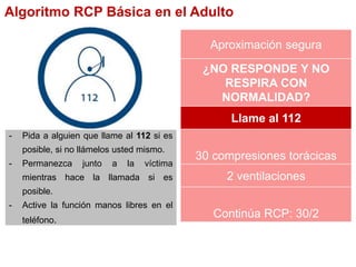 Aproximación segura
¿NO RESPONDE Y NO
RESPIRA CON
NORMALIDAD?
Llame al 112
30 compresiones torácicas
2 ventilaciones
Continúa RCP: 30/2
Algoritmo RCP Básica en el Adulto
- Pida a alguien que llame al 112 si es
posible, si no llámelos usted mismo.
- Permanezca junto a la víctima
mientras hace la llamada si es
posible.
- Active la función manos libres en el
teléfono.
 