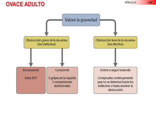 MÓDULO 6 4.34
VALORE LA SEVERIDAD
DE LA
OBSTRUCCIÓN
GRAVE (TOTAL)
Tos no efectiva
PARCIAL
Tos efectiva
INCONSCIENTE
Inicie RCP
ANIME A TOSER
Revalorar
continuamente
CONSCIENTE
5 golpes espalda
5 compresiones
Heimlich
OVACE ADULTO
 