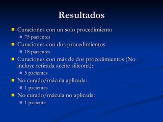 Resultados Curaciones con un solo procedimiento 75 pacientes Curaciones con dos procedimientos  18 pacientes Curaciones con más de dos procedimientos (No incluye retirada aceite silicona): 5 pacientes No curado/mácula aplicada: 1 pacientes No curado/mácula no aplicada: 1 paciente 