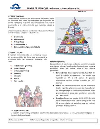 CHARLA DE 5 MINUTOS: Las leyes de la buena alimentación
Nº 024 SST
Fecha:Junio de 2011 Elaborado por: Responsable de Seguridad y Salud en el Trabajo
LEY DE LA CALIDAD
El régimen alimenticio debe ser completo y variado
en su composición, de forma que proporcione al
organismo todas las sustancias necesarias tales
como:
carbohidratos (glúcidos)
grasas (Lípidos)
proteínas (prótidos)
vitaminas
minerales
agua y
fibra vegetal
LEY DE LA CANTIDAD
La cantidad de alimentos que se consume diariamente debe
ser suficiente para cubrir las necesidades del organismo, en
cuanto a energía y en cuanto a sustancias necesarias para el
crecimiento y el mantenimiento que nuestros tejidos y
órganos.
Una alimentación es suficiente cuando en el individuo se manifiestan
correctamente sus funciones y actividades de:
Crecimiento
Reproducción
Trabajo físico
Trabajo mental y
Conservación del peso en el adulto
LEY DEL EQUILIBRIO
Las cantidades de las diversas sustancias suministradoras de
energía que integran los alimentos (carbohidratos, grasas y
proteínas), tienen que guardar entre sí una correcta
proporción.
• Carbohidratos. Deben aportar del 55 a% al 75% del
total de calorías al organismo. Esto implica una
ingestión de 275 a 375 gramos de glúcidos
diariamente, para un régimen promedio de 2 000
calorías.
• Grasas. No deberían superar el 30% de las calorías
totales ingeridas y la mayor parte de ellas deberían
ser de origen vegetal. Esto supone un máximo de 66
gramos diarios de grasas para un régimen promedio
de 2 000 calorías.
• Proteínas. Tienen que aportar del 10 al 15% del total
de las calorías necesarias. Esto se consigue con 50 a
75 gramos diarios de proteína para un régimen
promedio de 2 000 calorías.
LEY DE LA ADECUACIÓN
La elección, preparación y cantidad de los alimentos debe adecuarse al peso, a la edad, al estado fisiológico y al
tipo de trabajo o actividad.
 