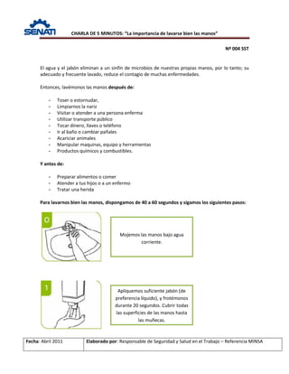 CHARLA DE 5 MINUTOS: “La importancia de lavarse bien las manos”
Nº 004 SST
Fecha: Abril 2011 Elaborado por: Responsable de Seguridad y Salud en el Trabajo – Referencia MINSA
El agua y el jabón eliminan a un sinfín de microbios de nuestras propias manos, por lo tanto; su
adecuado y frecuente lavado, reduce el contagio de muchas enfermedades.
Entonces, lavémonos las manos después de:
- Toser o estornudar,
- Limpiarnos la nariz
- Visitar o atender a una persona enferma
- Utilizar transporte público
- Tocar dinero, llaves o teléfono
- Ir al baño o cambiar pañales
- Acariciar animales
- Manipular maquinas, equipo y herramientas
- Productos químicos y combustibles.
Y antes de:
- Preparar alimentos o comer
- Atender a tus hijos o a un enfermo
- Tratar una herida
Para lavarnos bien las manos, dispongamos de 40 a 60 segundos y sigamos los siguientes pasos:
Mojemos las manos bajo agua
corriente.
Apliquemos suficiente jabón (de
preferencia líquido), y frotémonos
durante 20 segundos. Cubrir todas
las superficies de las manos hasta
las muñecas.
 
