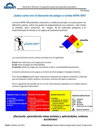 Charla de 5 Minutos: Un pequeño espacio para grandes educadores
Fecha : Octubre de 2011 Elaborado por: Responsable de Seguridad y Salud Ocupacional
¿Sabes como leer el diamante de peligro o rombo NFPA-704?
N°0 48 SSO
¿Como leer?
RIESGOS DE INCENDIO
0- No arde
1- Arde sobre los 93ºC
2- Entra en ignición debajo de
los 93ºC
3- Entra en ignición debajo de
los 37ºC
4- Entra en ignición debajo de
los 25ºC
RIESGOS PARA LA SALUD
0- Sin riesgo
1- Ligeramente peligroso
2- Peligroso
3- Extremadamente peligroso
4- Mortal
RIESGO REACTIVO
0- Estable
1- Inestable si se calienta
2- Posibilidad de cambio
químico violento
3- Puede detonar con golpe
o calentamiento
4- Puede detonar con
facilidad
RIESGOS ESPECIFICOS
OX- Oxidante
ACID- Acido
ALC- Alcalino
COR- Corrosivo
W- Reacciona con el agua
Material radiactivo
La norma NFPA 704 pretende a través de un rombo seccionado. en cuatro partes de
diferentes colores, indicar los grados de peligrosidad de una sustancia. Este rombo
es utilizado para comunicar los riesgos de los materiales peligrosos y es
importante para el manejo y uso seguro de productos químicos.
Las cuatro divisiones tienen colores asociados con un significado.
El azul hace referencia a los riesgos para la salud
El rojo indica el peligro de inflamabilidad
El amarillo señala los riesgos por reactividad: es decir, la inestabilidad del producto.
A estas tres divisiones se les asigna un número de 0 (sin peligro) a 4 (peligro máximo).
En la sección blanca puede haber indicaciones especiales para algunos materiales, indicando
que son oxidantes, ácidos, alcalinos, corrosivos, reactivos con agua o radiactivos.
Para la asignación del puntaje de 0 al 4 y las informaciones especiales en el casillero blanco
se tiene la siguiente información:
¡Recuerda, aprendiendo estas señales y aplicándolas, evitaras
accidentes!
 