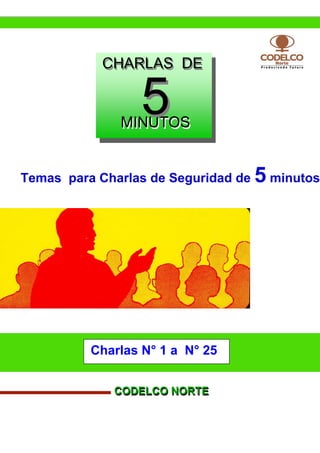 CHARLAS DECHARLAS DE
MINUTOSMINUTOS
55
Temas para Charlas de Seguridad de 5 minutos
Charlas N° 1 a N° 25
CODELCO NORTECODELCO NORTE
 