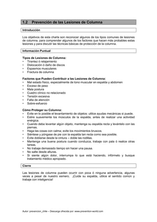 Autor: prevencion_chile – Descarga ofrecida por: www.prevention-world.com
1.2 Prevención de las Lesiones de Columna
Introducción
Los objetivos de esta charla son reconocer algunos de los tipos comunes de lesiones
de columna, para comprender algunos de los factores que hacen más probables estas
lesiones y para discutir las técnicas básicas de protección de la columna.
Información Puntual
Tipos de Lesiones de Columna:
• Tirantez ó relajamiento
• Dislocación ó daño de discos
• Espasmos musculares
• Fractura de columna
Factores que Pueden Contribuir a las Lesiones de Columna:
• Mal estado físico, especialmente de tono muscular en espalda y abdomen
• Exceso de peso
• Mala postura
• Cuadro clínico no relacionado
• Tensión excesiva
• Falta de atención
• Sobre-esfuerzo
Cómo Proteger su Columna:
• Evite en lo posible el levantamiento de objetos: utilice ayudas mecánicas si puede.
• Estire suavemente los músculos de la espalda, antes de realizar una actividad
enérgica.
• Cuando deba levantar algún objeto, mantenga su espalda recta y levántelo con las
piernas.
• Haga las cosas con calma; evite los movimientos bruscos.
• Siéntese y póngase de pie con la espalda tan recta como sea posible.
• Evite doblarse desde la cintura – doble las rodillas.
• Mantenga una buena postura cuando conduzca, trabaje con pala ó realice otras
tareas.
• No trabaje demasiado tiempo sin hacer una pausa.
• No salte desde alturas.
• Si siente algún dolor, interrumpa lo que está haciendo, infórmelo y busque
tratamiento médico apropiado.
Cierre
Las lesiones de columna pueden ocurrir con poca ó ninguna advertencia, algunas
veces a pesar de nuestro esmero. ¡Cuide su espalda, utilice el sentido común y
trabaje con inteligencia!
 