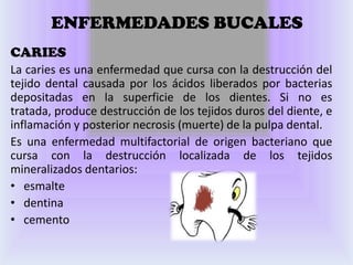 ENFERMEDADES BUCALES
CARIES
La caries es una enfermedad que cursa con la destrucción del
tejido dental causada por los ácidos liberados por bacterias
depositadas en la superficie de los dientes. Si no es
tratada, produce destrucción de los tejidos duros del diente, e
inflamación y posterior necrosis (muerte) de la pulpa dental.
Es una enfermedad multifactorial de origen bacteriano que
cursa con la destrucción localizada de los tejidos
mineralizados dentarios:
• esmalte
• dentina
• cemento
 