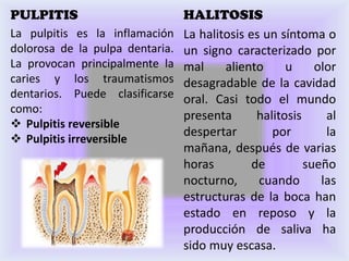 PULPITIS                         HALITOSIS
La pulpitis es la inflamación    La halitosis es un síntoma o
dolorosa de la pulpa dentaria.   un signo caracterizado por
La provocan principalmente la    mal     aliento      u     olor
caries y los traumatismos        desagradable de la cavidad
dentarios. Puede clasificarse    oral. Casi todo el mundo
como:
                                 presenta       halitosis     al
 Pulpitis reversible
                                 despertar         por        la
 Pulpitis irreversible
                                 mañana, después de varias
                                 horas         de         sueño
                                 nocturno,      cuando       las
                                 estructuras de la boca han
                                 estado en reposo y la
                                 producción de saliva ha
                                 sido muy escasa.
 