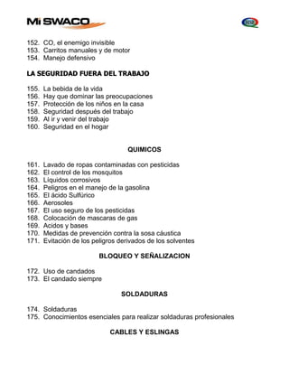 152. CO, el enemigo invisible 
153. Carritos manuales y de motor 
154. Manejo defensivo 
LA SEGURIDAD FUERA DEL TRABAJO 
155. La bebida de la vida 
156. Hay que dominar las preocupaciones 
157. Protección de los niños en la casa 
158. Seguridad después del trabajo 
159. Al ir y venir del trabajo 
160. Seguridad en el hogar 
QUIMICOS 
161. Lavado de ropas contaminadas con pesticidas 
162. El control de los mosquitos 
163. Líquidos corrosivos 
164. Peligros en el manejo de la gasolina 
165. El ácido Sulfúrico 
166. Aerosoles 
167. El uso seguro de los pesticidas 
168. Colocación de mascaras de gas 
169. Acidos y bases 
170. Medidas de prevención contra la sosa cáustica 
171. Evitación de los peligros derivados de los solventes 
BLOQUEO Y SEÑALIZACION 
172. Uso de candados 
173. El candado siempre 
SOLDADURAS 
174. Soldaduras 
175. Conocimientos esenciales para realizar soldaduras profesionales 
CABLES Y ESLINGAS 
 