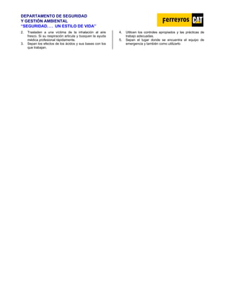 DEPARTAMENTO DE SEGURIDAD
Y GESTIÓN AMBIENTAL
“SEGURIDAD. . . UN ESTILO DE VIDA”
2. Trasladen a una víctima de la inhalación al aire
fresco. Si su respiración articula y busquen la ayuda
médica profesional rápidamente.
3. Sepan los efectos de los ácidos y sus bases con los
que trabajan.
4. Utilicen los controles apropiados y las prácticas de
trabajo adecuadas.
5. Sepan el lugar donde se encuentra el equipo de
emergencia y también como utilizarlo
 