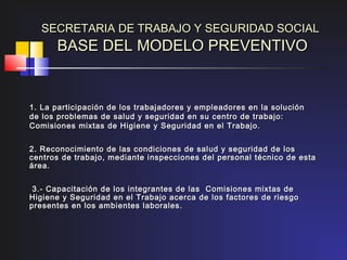 SECRETARIA DE TRABAJO Y SEGURIDAD SOCIAL
      BASE DEL MODELO PREVENTIVO


1. La participación de los trabajadores y empleadores en la solución
de los problemas de salud y seguridad en su centro de trabajo:
Comisiones mixtas de Higiene y Seguridad en el Trabajo.


2. Reconocimiento de las condiciones de salud y seguridad de los
centros de trabajo, mediante inspecciones del personal técnico de esta
área.


 3.- Capacitación de los integrantes de las Comisiones mixtas de
Higiene y Seguridad en el Trabajo acerca de los factores de riesgo
presentes en los ambientes laborales.
 