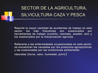 SECTOR DE LA AGRICULTURA,
         SILVICULTURA CAZA Y PESCA

   Reporta la mayor cantidad de accidentes de trabajo en este
    sector   los  más     frecuentes   son  ocasionados    por
    herramientas de trabajo (cuchillo, machete, azadón, etc) y
    los ocasionados por la mecanización agrícola.

   Referente a las enfermedades ocupacionales en este sector
    se encuentran las causadas por los productos agroquímicos
    y las ocasionadas por las condiciones ambientales
    naturales (lluvia, calor, humedad, polvo ).
 