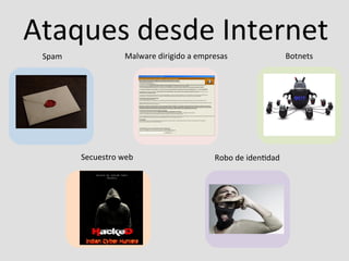 Ataques	
  desde	
  Internet	
  
Spam	
  

Malware	
  dirigido	
  a	
  empresas	
  

Secuestro	
  web	
  

Robo	
  de	
  idenPdad	
  

Botnets	
  

 