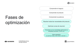 © 2024 Blinders Group
All rights reserved
#SOB24
Comprender el negocio
Comprender el producto
Comprender la audiencia
Resolver todas las necesidades del producto
Optimizar zonas de resumen
Profundizar en las necesidades optimizando la
semántica (marcados, TF*IDF, etc.)
Datos agregados
(re-optimizar metas, main content, velocidad…)
Fases de
optimización
grupo-blinders
 