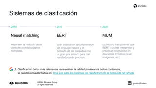 Sistemas de clasificación
© 2024 Blinders Group
All rights reserved
#SOB24
Clasificación de los más relevantes para evaluar la calidad y relevancia de los contenidos,
se pueden consultar todos en: Una guía para los sistemas de clasificación de la Búsqueda de Google
2018
Neural matching
Mejora en la relación de las
consultas con las páginas
completas
2019
Gran avance en la comprensión
del lenguaje natural y el
contexto de las consultas con
un gran pre entreno para dar
resultados más precisos.
2021
Es mucho más potente que
BERT y puede interpretar y
procesar información en
diferentes formatos (texto,
imágenes, etc.)
BERT MUM
grupo-blinders
 