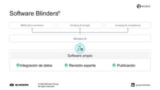 Software Blinders
© 2024 Blinders Group
All rights reserved
#SOB24
Blinders IA
Integración de datos Revisión experta Publicación
®
Software propio
BBDD del e-commerce Scraping de competencia
Scraping de Google
grupo-blinders
 
