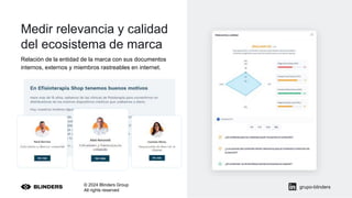 Medir relevancia y calidad
del ecosistema de marca
© 2024 Blinders Group
All rights reserved
Relación de la entidad de la marca con sus documentos
internos, externos y miembros rastreables en internet.
grupo-blinders
 