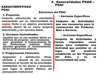 1. Proyectos Acciones Especifícas Conjunto estructurado de actividades caracterizado por su intencionalidad de  cambio  frente a un objetivo previamente definido, dentro de un marco temporal determinado y con recursos dados. Conjunto de Actividades que son necesarias para la consecución del Producto, Bien o Servicio. 2. Acciones Centralizadas Aquellas que no son posibles definir en términos de proyecto,  pero necesarias  para  garantizar  el funcionamiento de las instituciones públicas. Estas permiten garantizar el  funcionamiento de las instituciones públicas.  Conjunto de Actividades y tareas requeridas como apoyo para completar una Actividad que permita: a)_ el logro del producto establecido en los Proyectos del Ente, y b)_ la funcionalidad del ente. Acciones Especifícas Estructura  del POAI CARACTERÍSTICAS POAI. 4_ Generalidades POAN – POAI 3.  Programación Financiera Asignación y distribución eficaz, eficiente y racional de los recursos financieros en función de las prioridades establecidas en los planes y proyectos para lograr la gestión efectiva del presupuesto institucional 