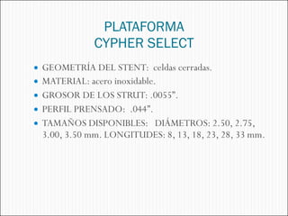 PLATAFORMA
              CYPHER SELECT
 GEOMETRÍA DEL STENT: celdas cerradas.
 MATERIAL: acero inoxidable.
 GROSOR DE LOS STRUT: .0055”.
 PERFIL PRENSADO: .044”.
 TAMAÑOS DISPONIBLES: DIÁMETROS: 2.50, 2.75,
  3.00, 3.50 mm. LONGITUDES: 8, 13, 18, 23, 28, 33 mm.
 