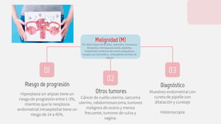 Muestreo endometrial con
cureta de pipelle con
dilatación y curetaje
Histeroscopia
Riesgo de progresión
Hiperplasia sin atipias tiene un
riesgo de progresión entre 1-3%,
mientras que la neoplasia
endometrial intraepitelial tiene un
riesgo de 14 a 45%.
Malignidad (M)
FR: edad mayor de 45 años, obesidad, menarquia
temprana, menopausia tardía, diabetes,
nuliparidad, síndrome de ovario poliquístico,
terapia con tamoxifeno, antecedente familiar de
cáncer
01 03
02
Otros tumores
Cáncer de cuello uterino, sarcoma
uterino, rabdomiosarcoma, tumores
malignos de ovario y menos
frecuente, tumores de vulva y
vagina.
Diagnóstico
 